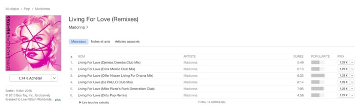 Living For Love remixes dispo sur itunes