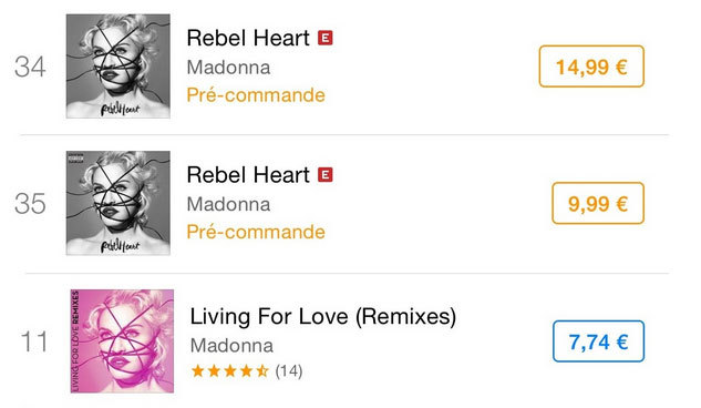 Rebel Heart et Living For Love : les classements Itunes France Rebel Heart et Living For Love : les classements Itunes France