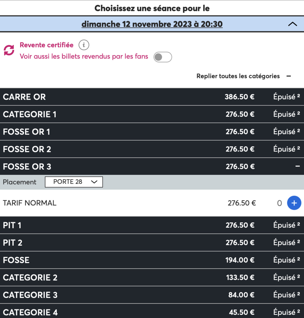 Catégories disponibles pour le 12 novembre - Ticketmaster Catégories disponibles pour le 12 novembre - Ticketmaster