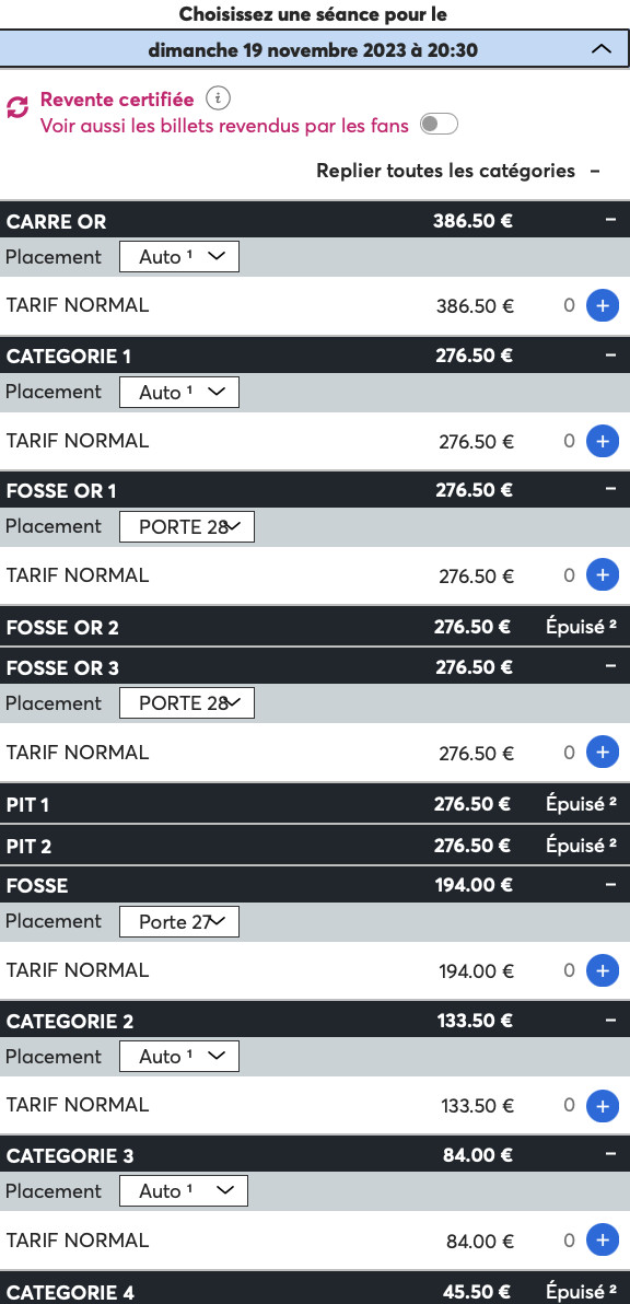 Catégories disponibles pour le 19 novembre - Ticketmaster