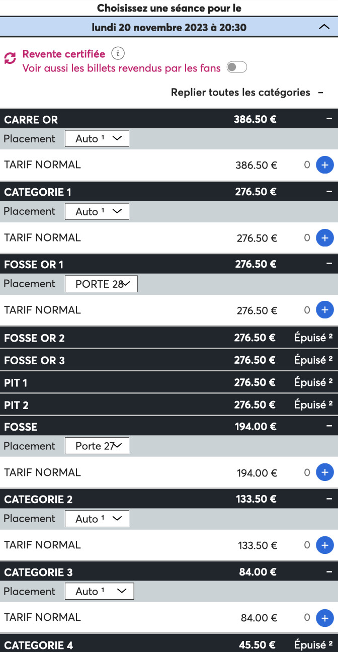 Catégories disponibles pour le 20 novembre - Ticketmaster Catégories disponibles pour le 20 novembre - Ticketmaster