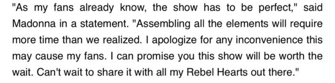 RebelHeart tour : les 5 ères dates reportées ! RebelHeart tour : les 5 ères dates reportées !