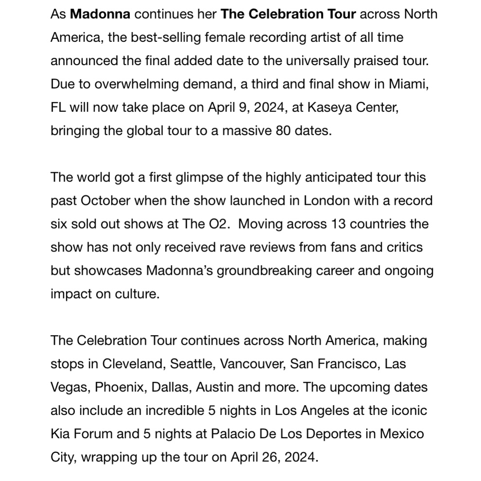 Extrait du communiqué publié le 6 février sur le site officiel de Madonna