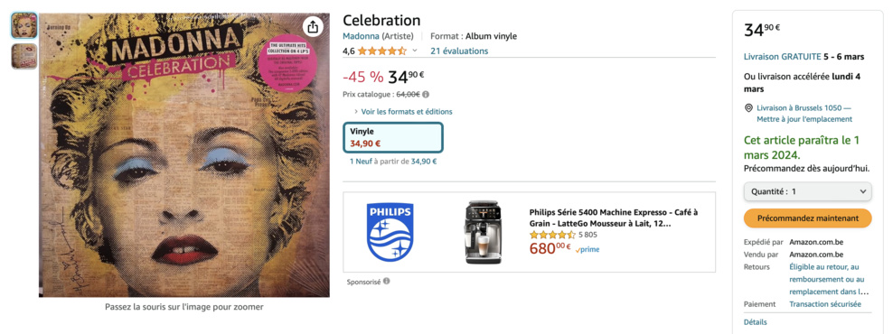 Capture de l'article sur Amazon Belgique