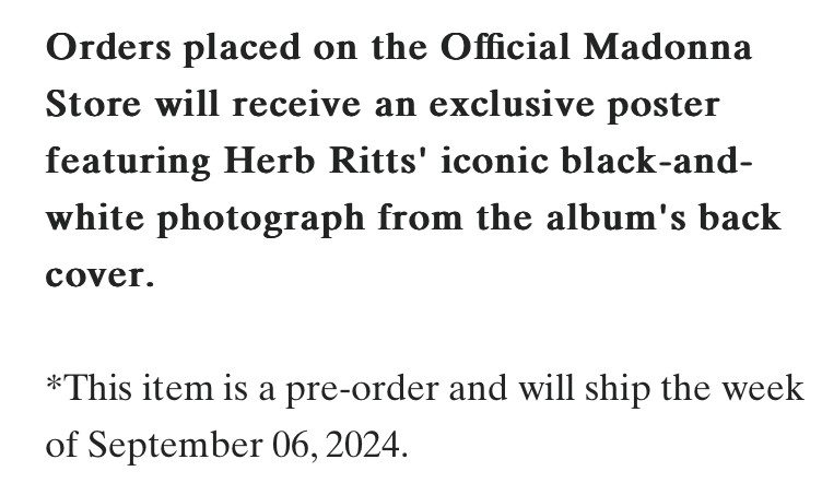 Mention accompagnant la description sur le store de Madonna Mention accompagnant la description sur le store de Madonna