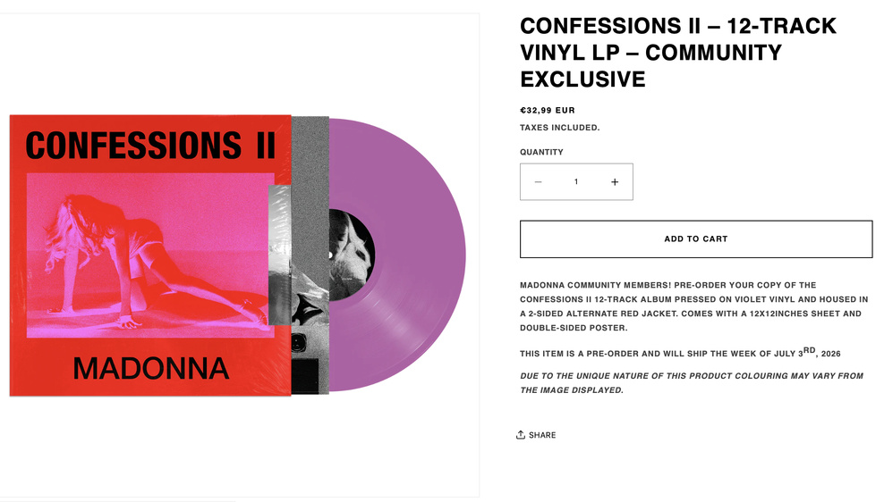 Capture de la page de l'édition "Community Exclusive" - Store EU de Madonna