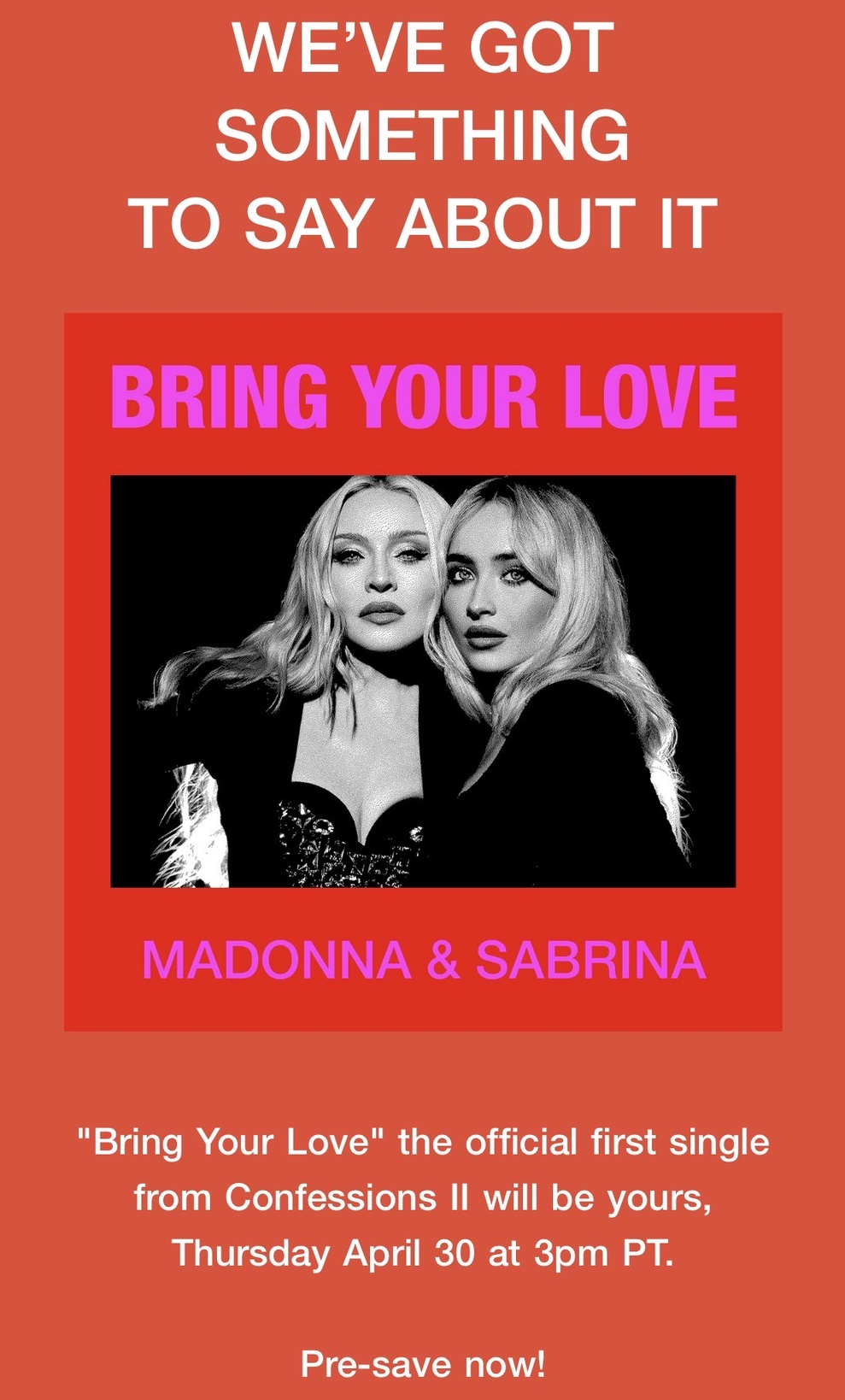 Bring Your Love - le duo avec Sabrina Carpenter paraîtra vendredi ! Bring Your Love - le duo avec Sabrina Carpenter paraîtra vendredi !