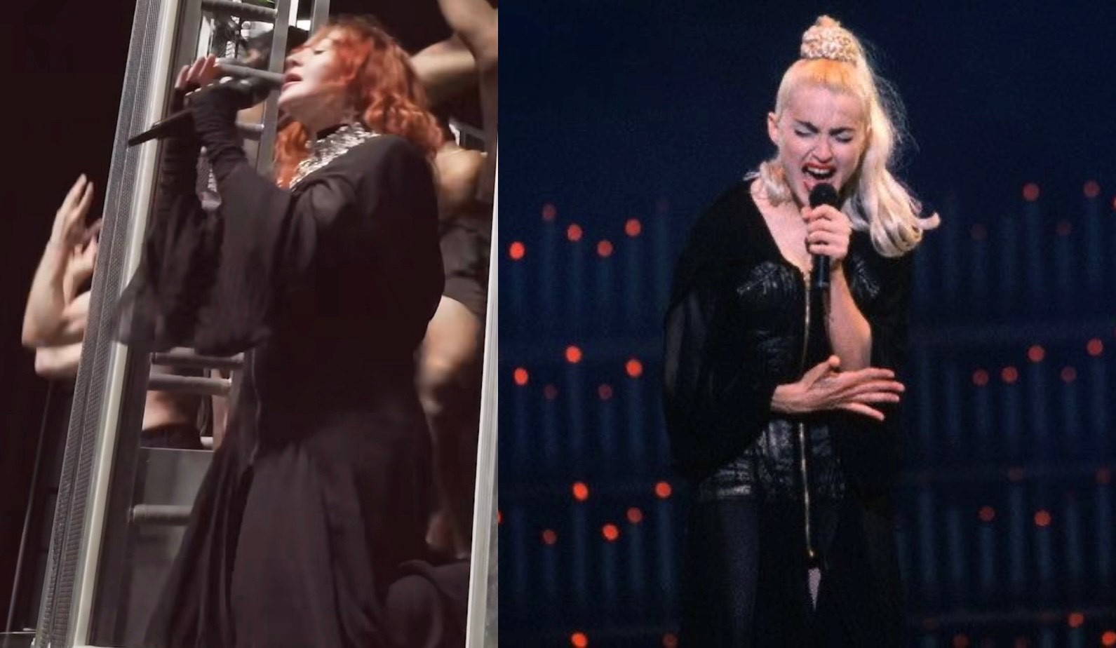 De gauche à droite : Madonna sur la scène du Celebration Tour et du Blond Ambition Tour