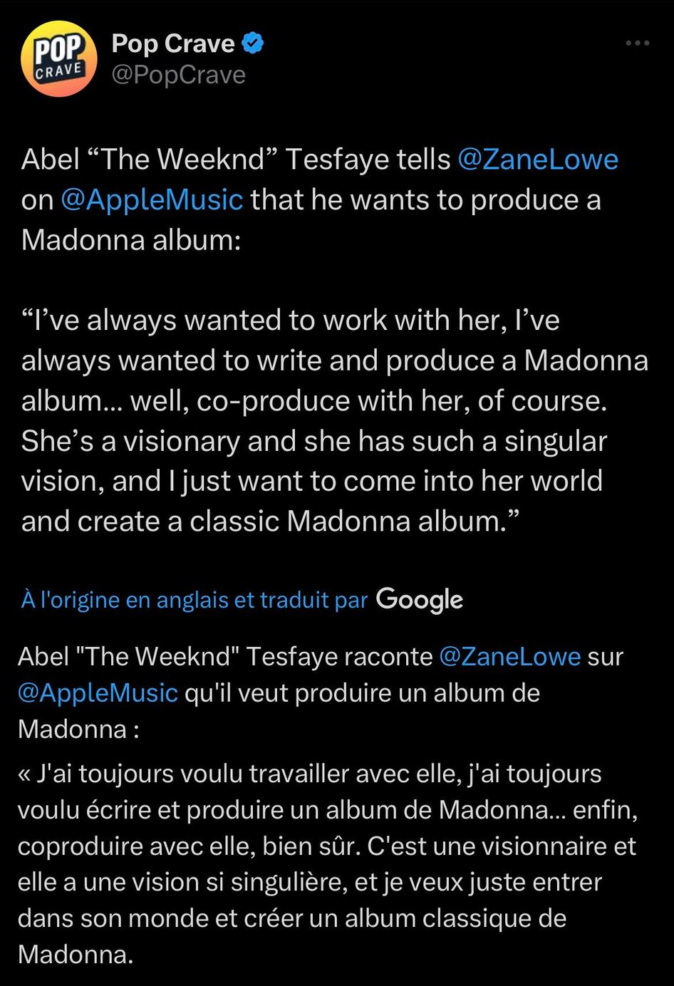 Weeknd veut produire un album Madonna