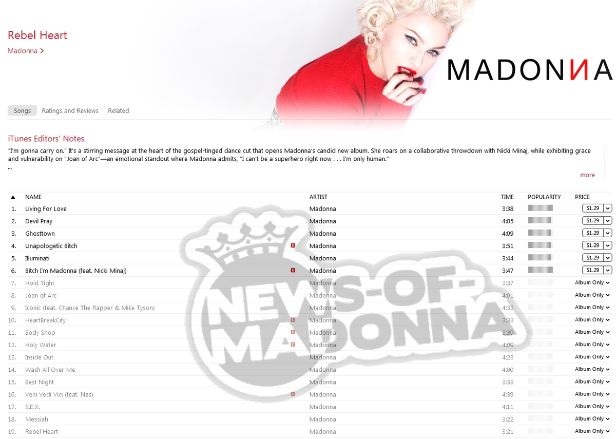 Madonna track list for Rebel Heart