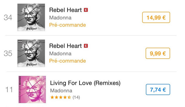 Rebel Heart et Living For Love : les classements Itunes France