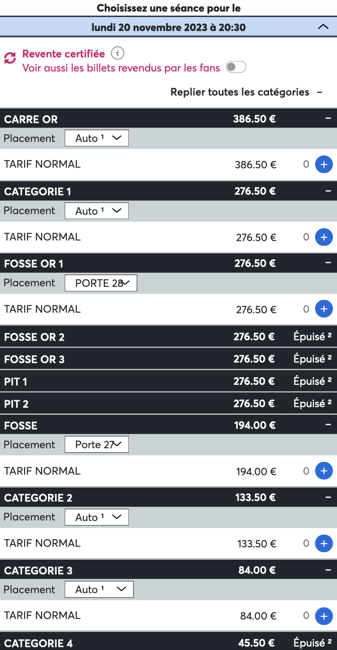 Catégories disponibles pour le 20 novembre - Ticketmaster