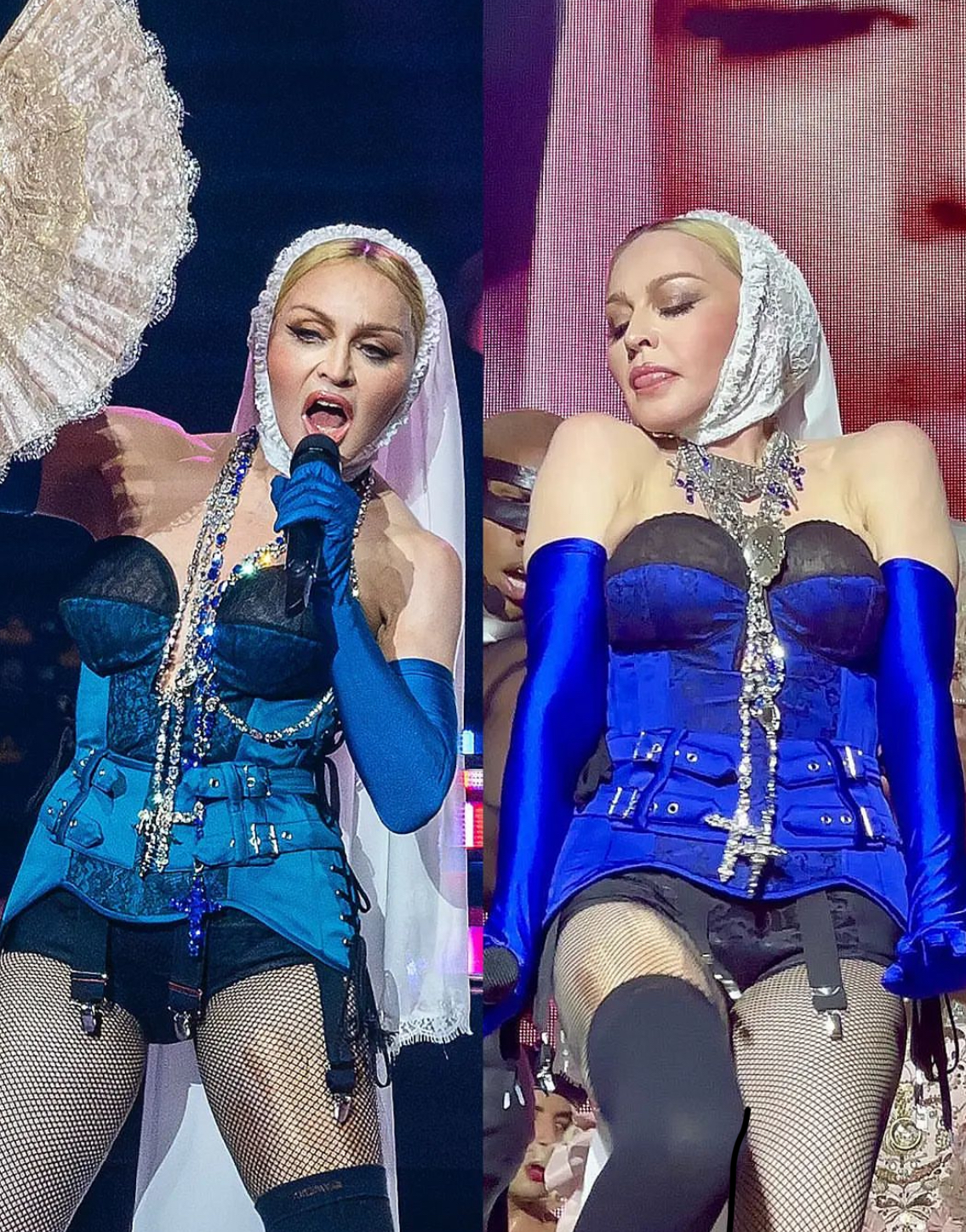 Madonna portant le corset bleu clair à gauche / Madonna portant le corset bleu électrique à droite - 12/11/2023