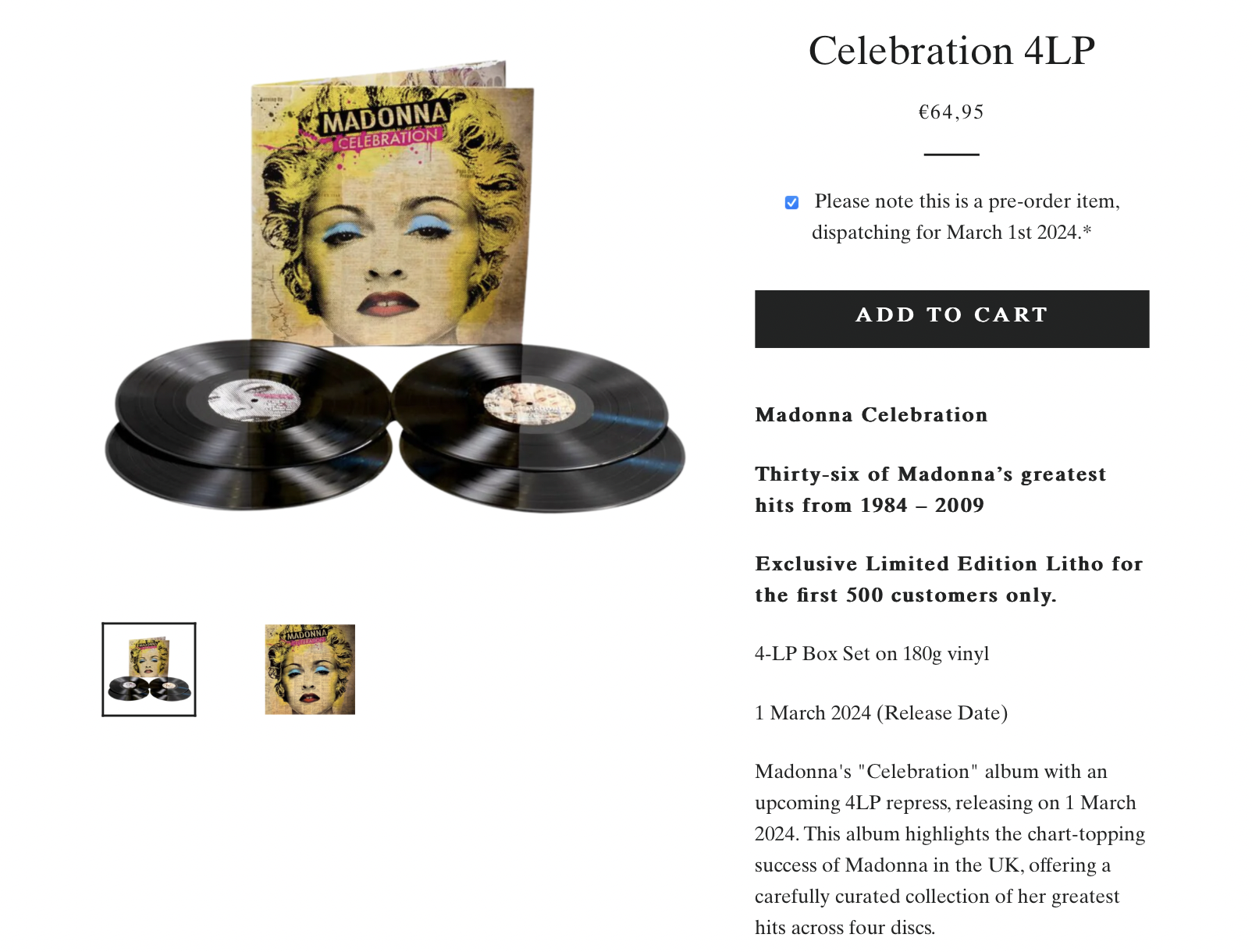 Capture de la page de l'article sur le store UK de Madonna