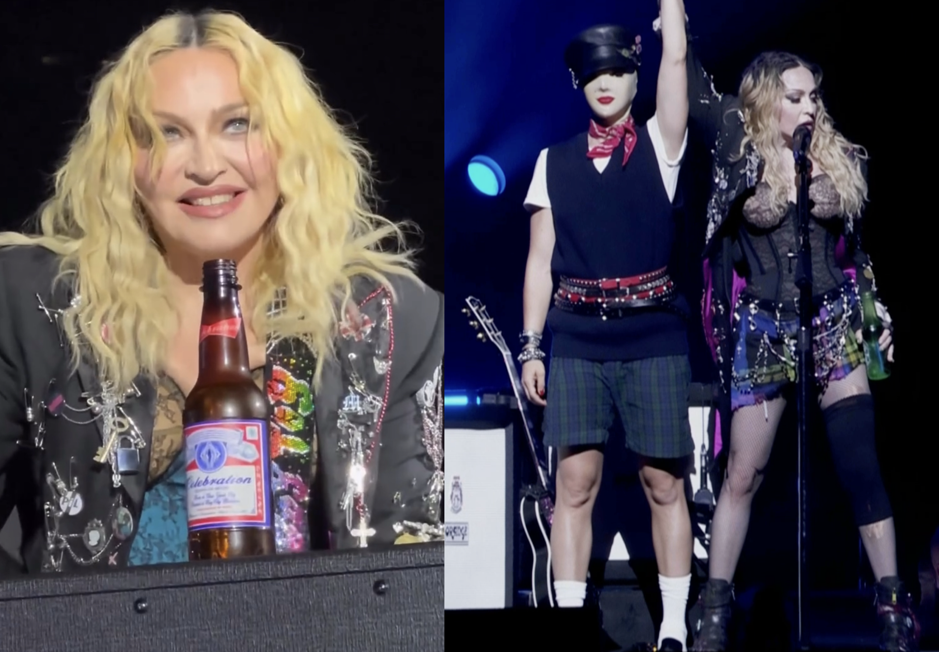Madonna durant un concert en Europe à gauche, avec une bouteille Budweiser, et droite Madonna tenant une bouteille Heineken d'une main et la main de Mattie Love de l'autre durant le concert à Rio le 04/05/2024 - @absolutjoy et Globo