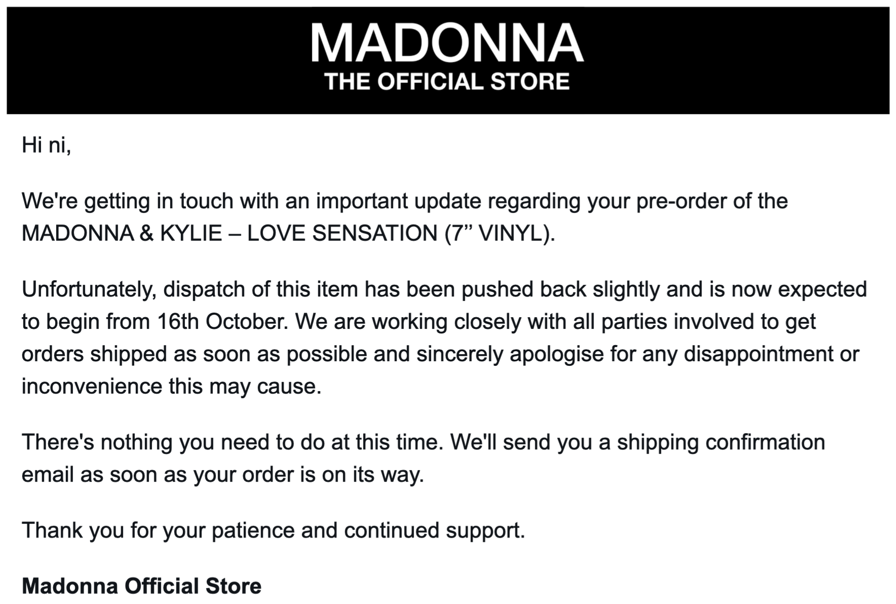 Capture du mail - News Of Madonna